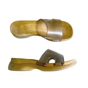 Candie’s Faux Wood Block Clogs Size 9 Clear Gray Jelly Metal Studs Y2K Sandals